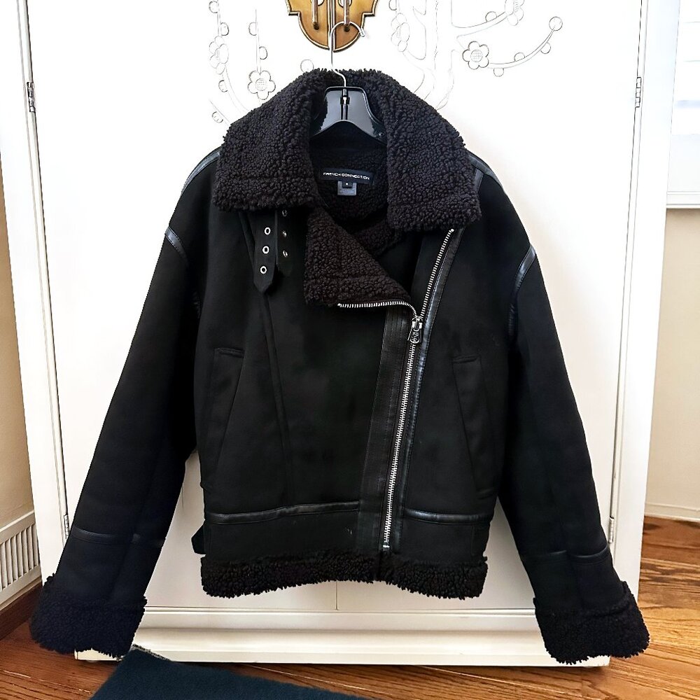 French Connection Faux Shearling Jacket, Black (S)